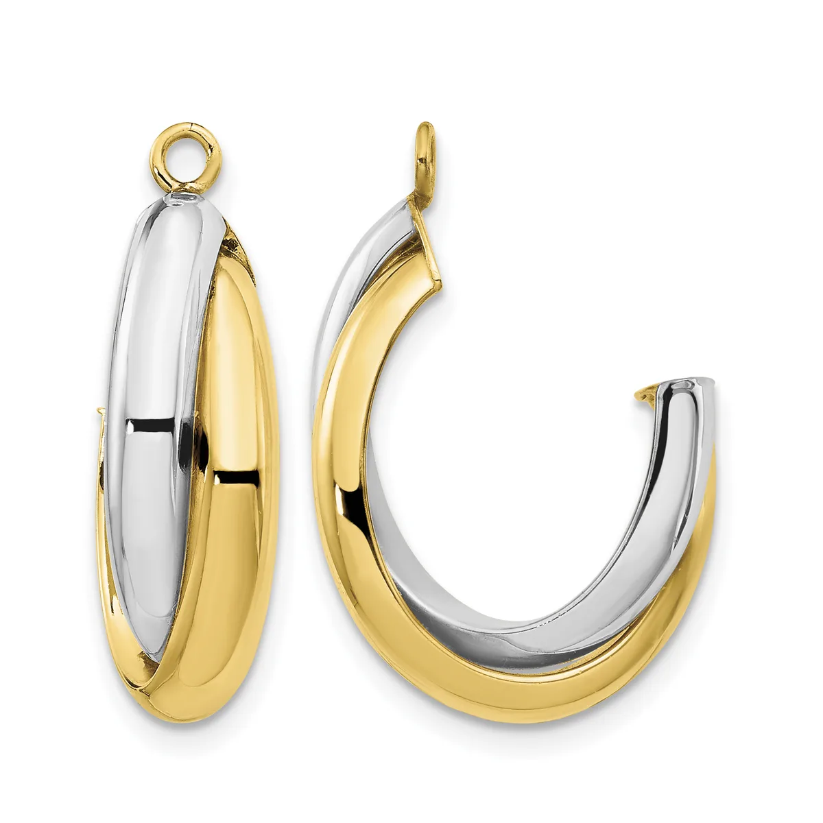 Two-tone gold and silver hoop earrings with a polished finish, shown from front and side angles with a small loop for hanging.