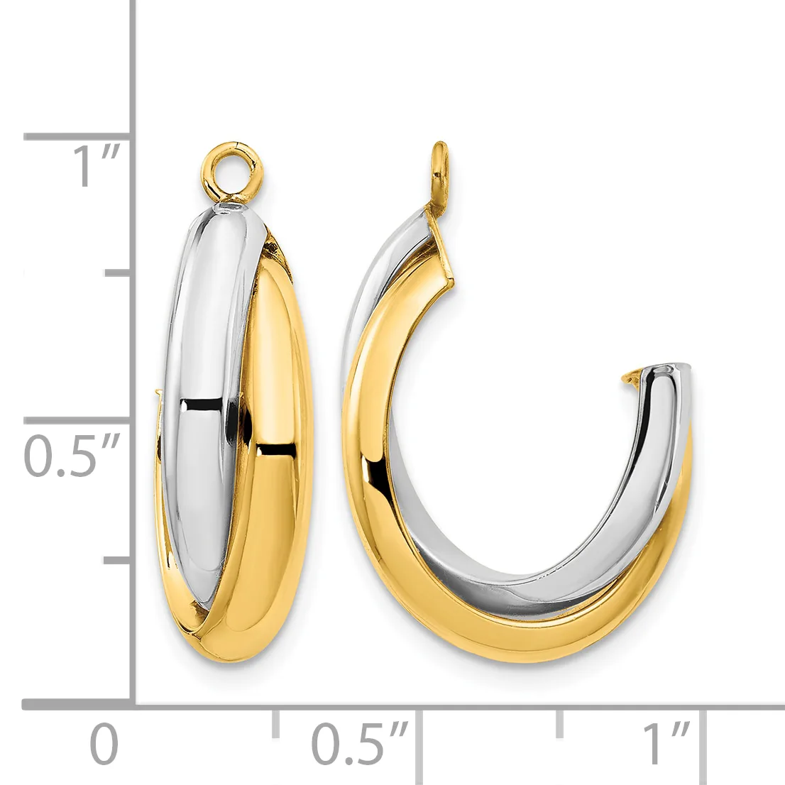 Two-tone gold and silver hoop earrings with polished curved surfaces, shown against a measurement scale indicating approximately one inch in length.