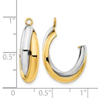 Two-tone gold and silver hoop earrings with polished curved surfaces, shown against a measurement scale indicating approximately one inch in length.