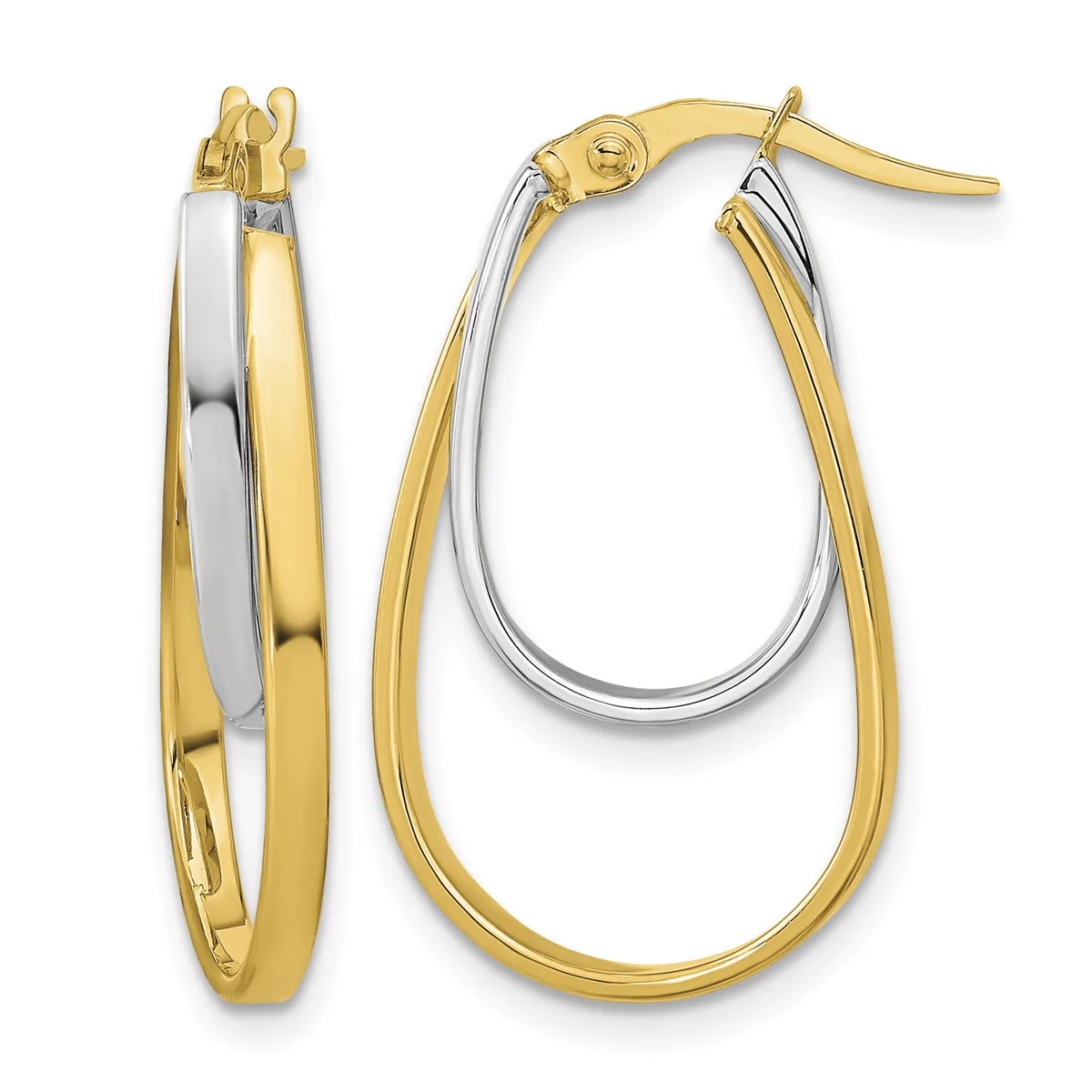 Two-tone gold hoop earrings featuring nested oval shapes with a polished finish and post-and-clutch closures.