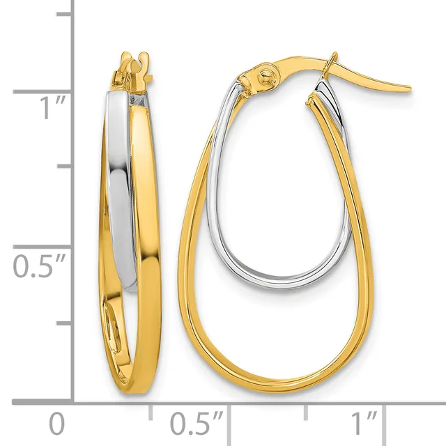 Two-tone gold hoop earrings with nested ovals, featuring yellow gold outer loops and white gold inner loops, displayed next to a measurement ruler.