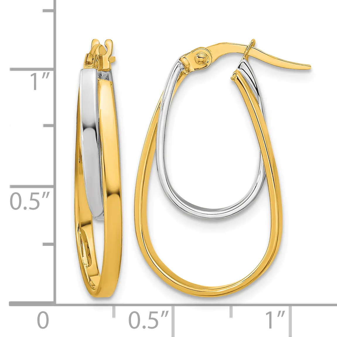 Two-tone gold hoop earrings with nested ovals, featuring yellow gold outer loops and white gold inner loops, displayed next to a measurement ruler.