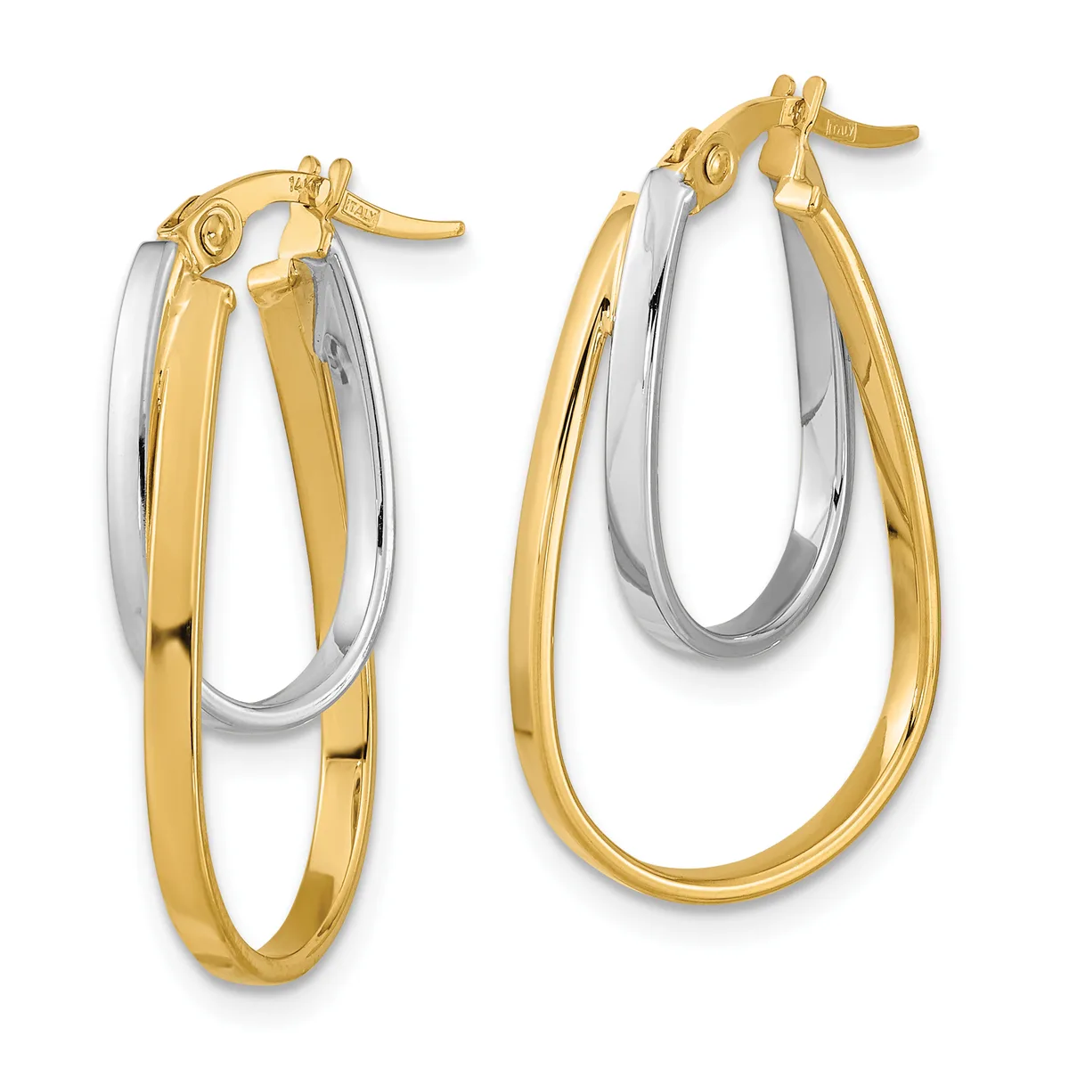 Pair of two-tone gold hoop earrings with nested oval and rectangular shapes, featuring post and clutch closures.