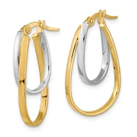 Pair of two-tone gold hoop earrings with nested oval and rectangular shapes, featuring post and clutch closures.