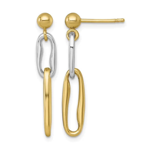 Pair of two-tone gold and silver drop earrings with polished ball studs and interconnected oval link charms, displayed side by side.