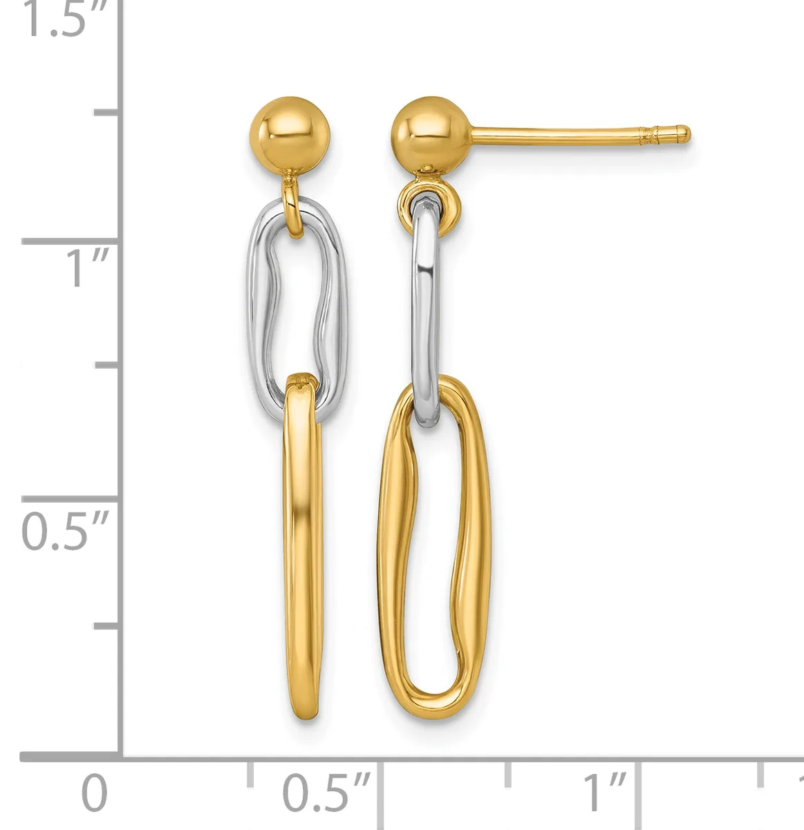 Two-tone gold and silver dangle earrings with ball studs, oval links, and elongated oval charms, displayed next to a measurement scale.