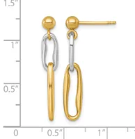 Two-tone gold and silver dangle earrings with ball studs, oval links, and elongated oval charms, displayed next to a measurement scale.