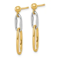 Pair of two-tone dangling earrings with gold ball posts, silver oval link connectors, and gold oval loops, shown from the front.