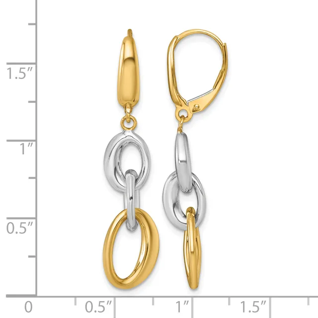 Two-tone gold and silver dangle earrings with interlocking oval links, shown against a measurement scale indicating approximately 1.5 inches in length.
