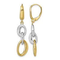 Pair of two-tone gold and silver dangle earrings with oval links connected by a lever-back closure, shown from front and back views.