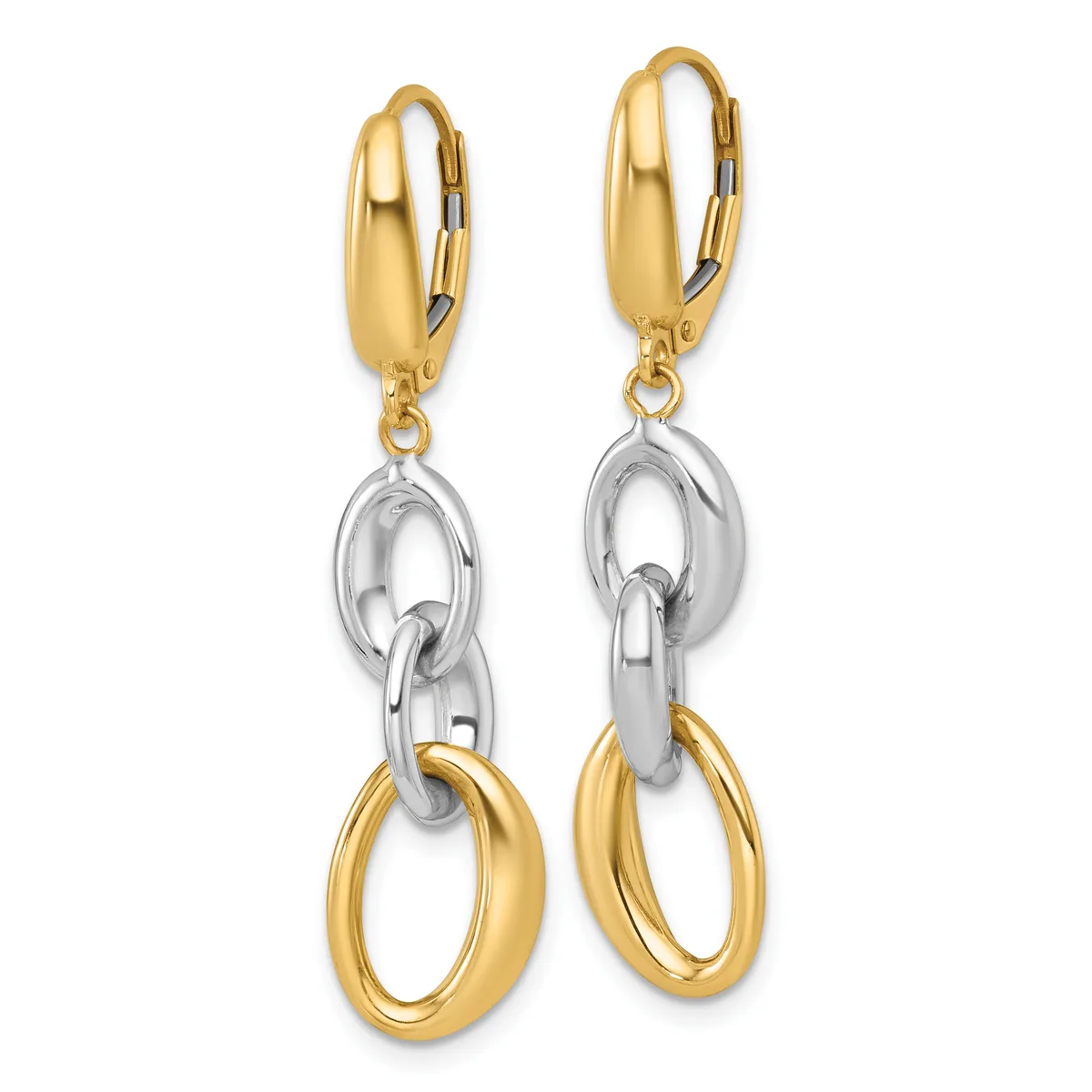 Pair of two-tone gold dangle earrings with polished yellow gold lever-back posts attached to oval white gold links connected to polished yellow gold oval charms.