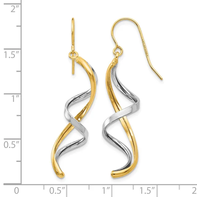 Two-tone gold and silver twisted drop earrings with French wire hooks, displayed next to a ruler showing approximately 1.75 inches in length.