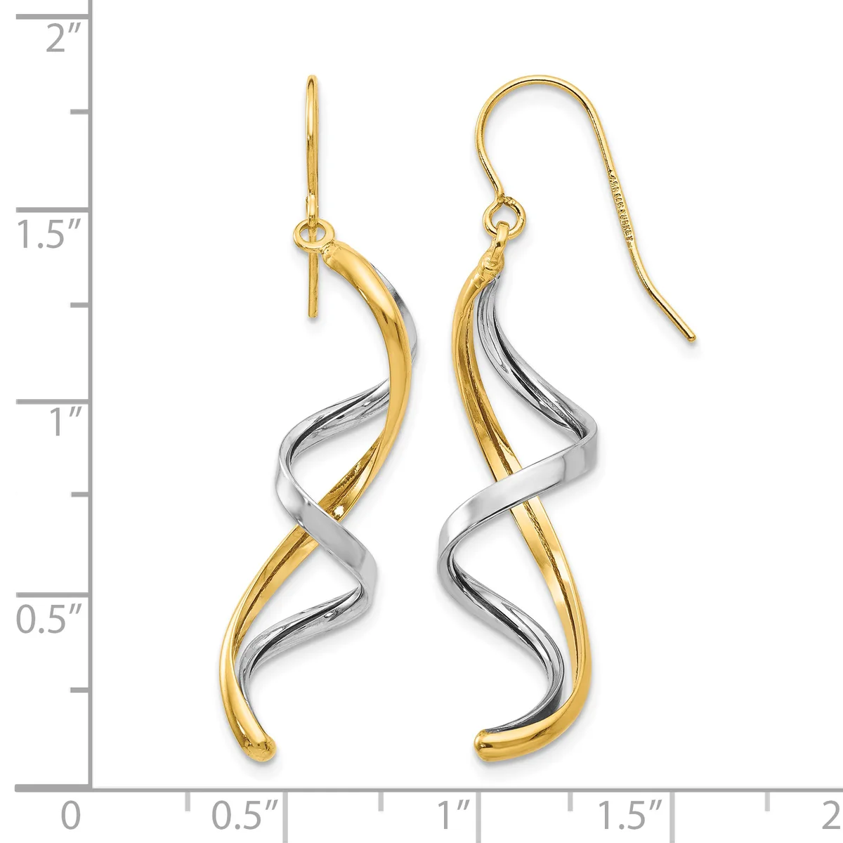 Two-tone gold and silver twisted drop earrings with French wire hooks, displayed next to a ruler showing approximately 1.75 inches in length.