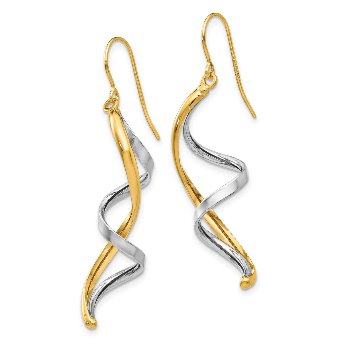 Pair of two-tone gold and silver twisted drop earrings with fish hook ear wires, displayed against a white background.