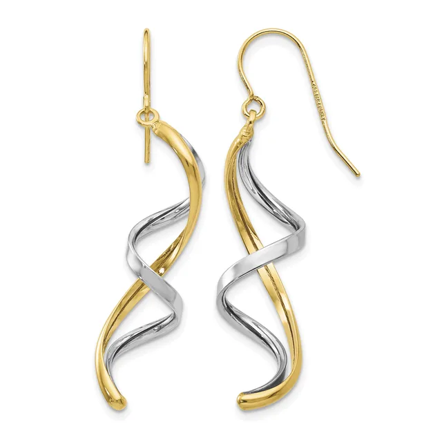 Pair of two-tone gold and silver twisted drop earrings with fish hook closures displayed against a white background.
