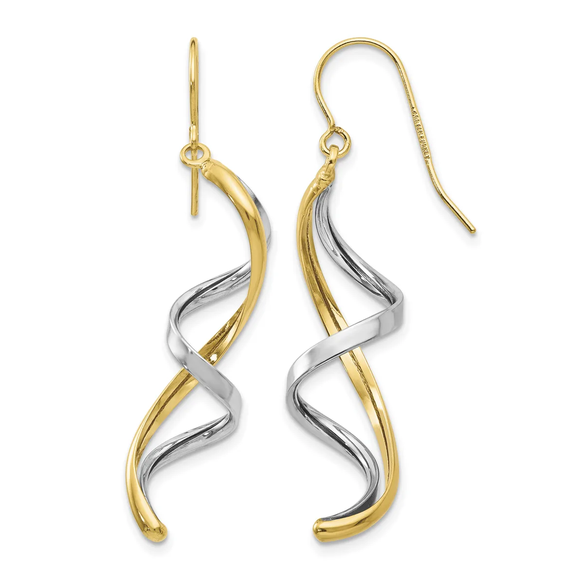 Pair of two-tone gold and silver twisted drop earrings with fish hook closures displayed against a white background.
