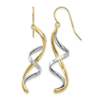 Pair of two-tone gold and silver twisted drop earrings with fish hook closures displayed against a white background.