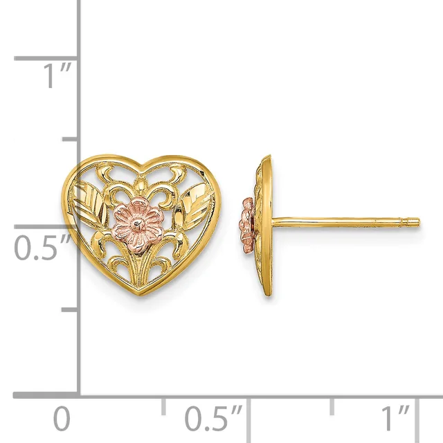 A pair of gold heart-shaped stud earrings with filigree design and rose gold flower accents, shown front and side view against a ruler for scale.