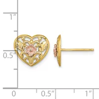 A pair of gold heart-shaped stud earrings with filigree design and rose gold flower accents, shown front and side view against a ruler for scale.