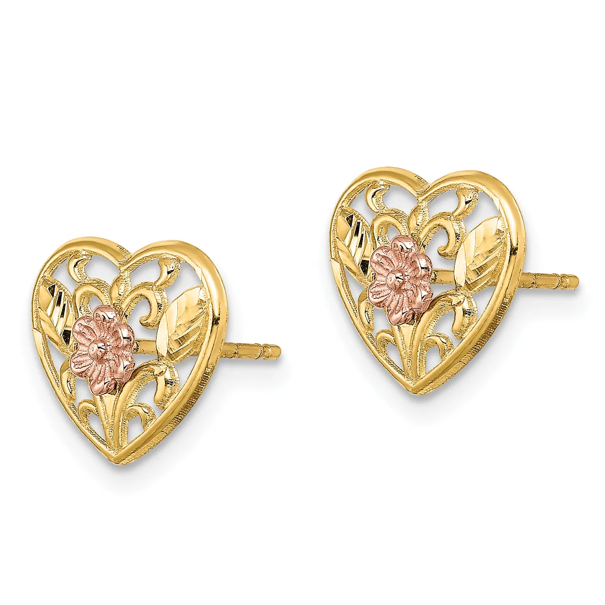 A pair of gold heart-shaped stud earrings with filigree detailing and rose gold floral centers, shown from the front.
