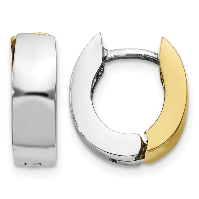 A pair of two-tone hoop earrings with white and yellow metal segments, shown from front and side views, featuring a polished finish and hinged closure.