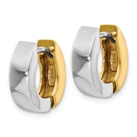 Pair of two-tone hoop earrings with polished white metal outer surfaces and yellow gold inner surfaces, shown from the front.