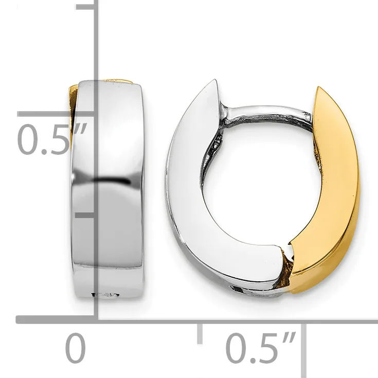 Two-tone silver and gold huggie hoop earrings shown from front and side views with a measurement scale indicating approximately 0.5 inches in diameter.