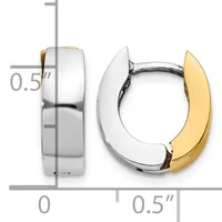 Two-tone silver and gold huggie hoop earrings shown from front and side views with a measurement scale indicating approximately 0.5 inches in diameter.