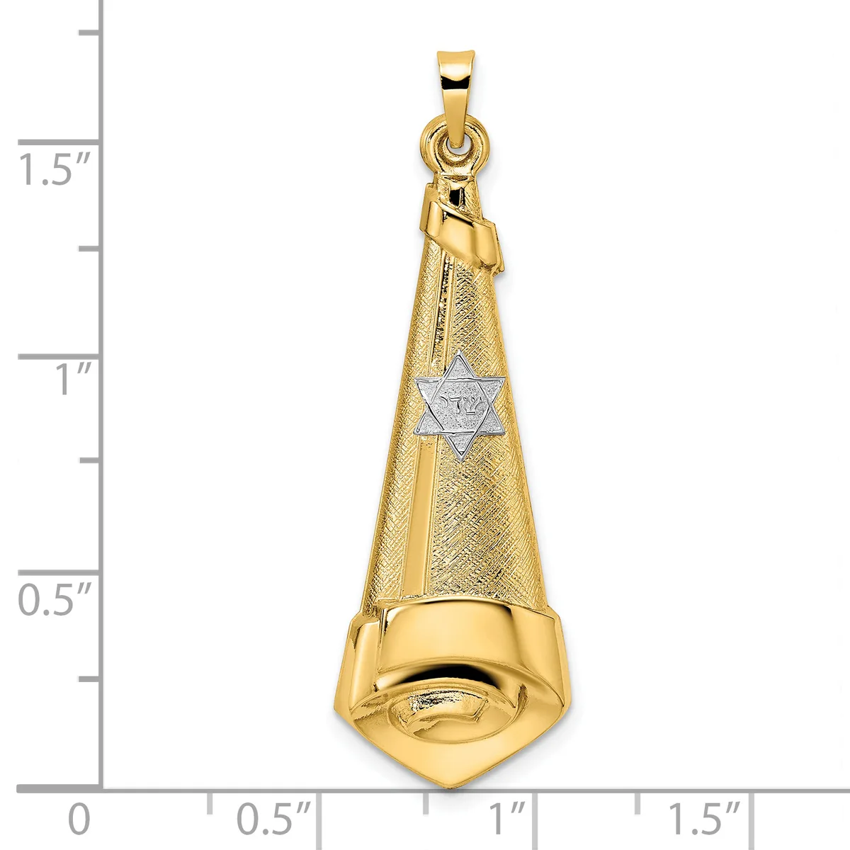 Gold pendant shaped like a Torah pointer with a textured cone top featuring a Star of David, smooth rounded base, and small loop bail at top, shown next to a ruler for scale.
