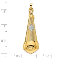 Gold pendant shaped like a Torah pointer with a textured cone top featuring a Star of David, smooth rounded base, and small loop bail at top, shown next to a ruler for scale.