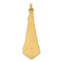A long, tapered gold pendant with a pointed cone shape and a small stamped hallmark on the surface, suspended from a rectangular bail.