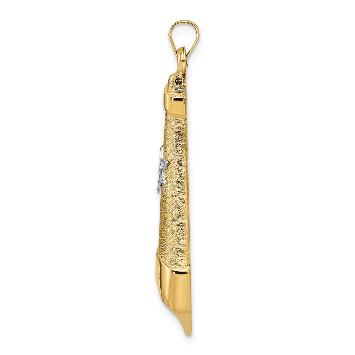 A gold-toned pendant with textured surface and polished sections, featuring a loop attachment at the top and a pointed bottom edge.