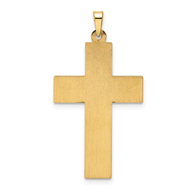 A gold cross pendant with a brushed finish and a rectangular bail loop at the top, shown against a white background.