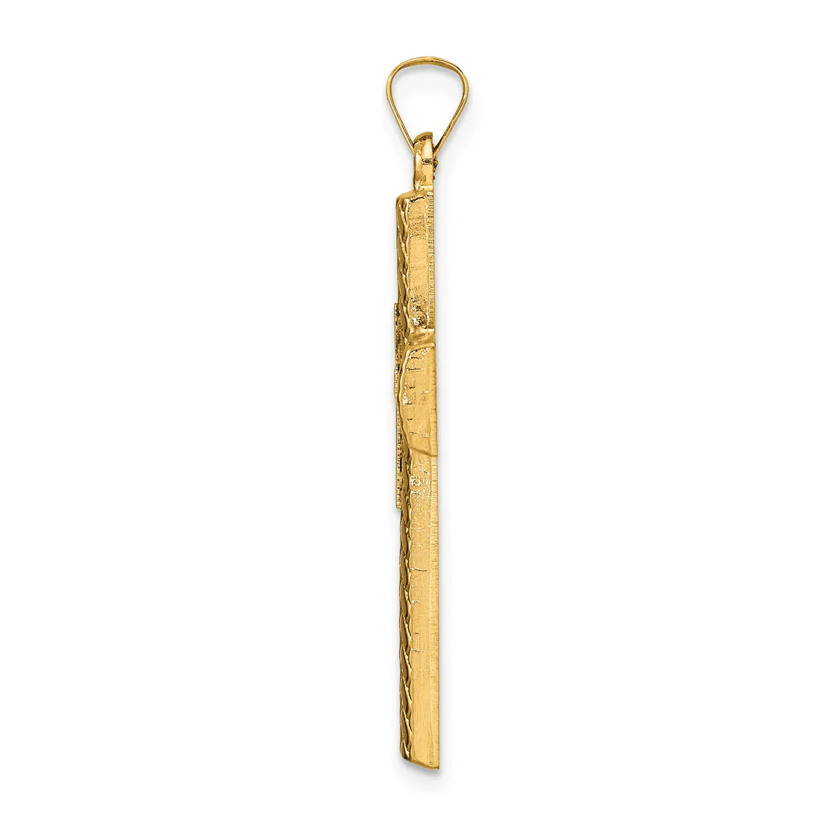 A long, slender gold-toned rectangular pendant with textured surface detail hangs from a gold-toned loop at the top.