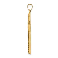 A long, slender gold-toned rectangular pendant with textured surface detail hangs from a gold-toned loop at the top.