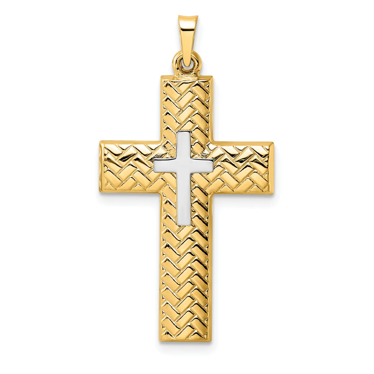 Gold cross pendant with textured herringbone pattern on the arms and a white enamel cross cutout in the center, shown with a bail loop at the top.