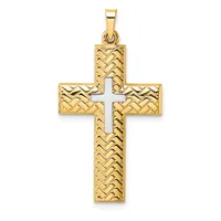 Gold cross pendant with textured herringbone pattern on the arms and a white enamel cross cutout in the center, shown with a bail loop at the top.