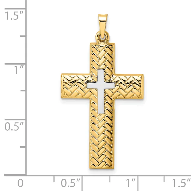 Gold cross pendant with textured basket-weave pattern and white enamel center, shown next to a ruler measuring approximately 1.25 inches tall.