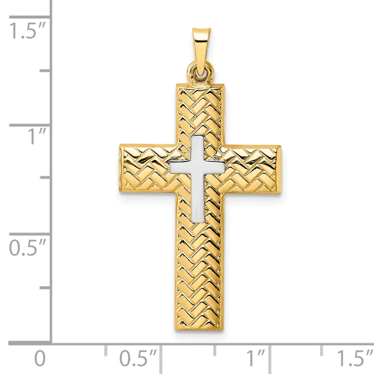 Gold cross pendant with textured basket-weave pattern and white enamel center, shown next to a ruler measuring approximately 1.25 inches tall.