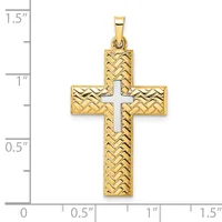 Gold cross pendant with textured basket-weave pattern and white enamel center, shown next to a ruler measuring approximately 1.25 inches tall.