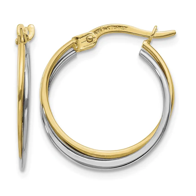 A pair of two-tone hoop earrings with yellow gold outer edges and white gold inner surfaces, shown from the front and side views with a hinged post closure.