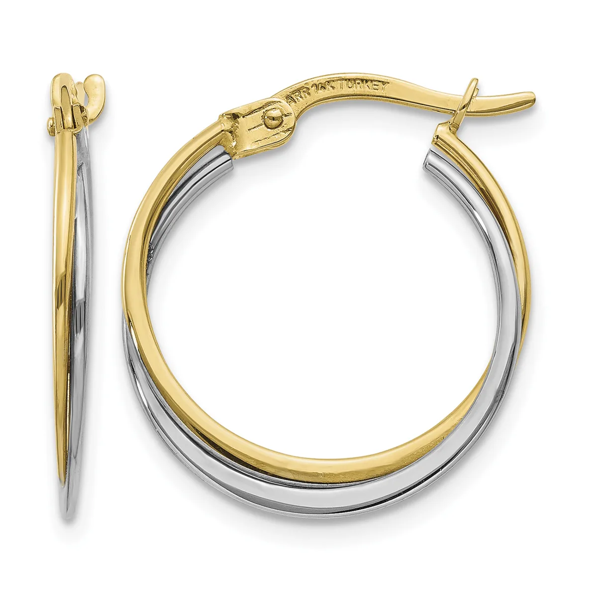 A pair of two-tone hoop earrings with yellow gold outer edges and white gold inner surfaces, shown from the front and side views with a hinged post closure.