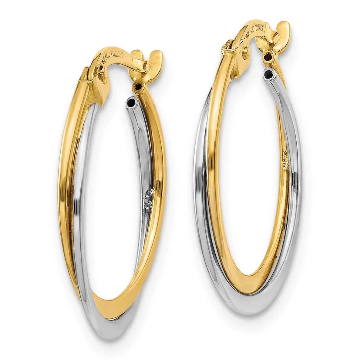 A pair of two-tone hoop earrings with gold outer bands and silver inner bands, featuring hinged closures.