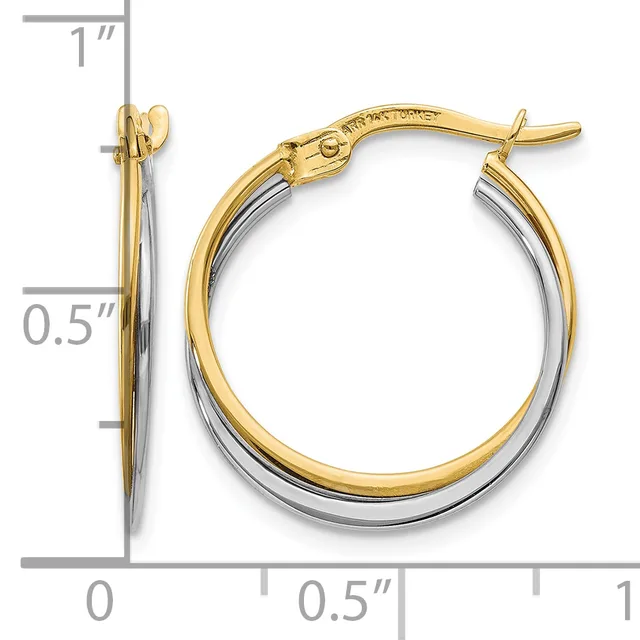 Two-tone gold and silver hoop earrings with a smooth, polished finish and hinged closures, displayed with a measurement scale showing approximately one inch in length.