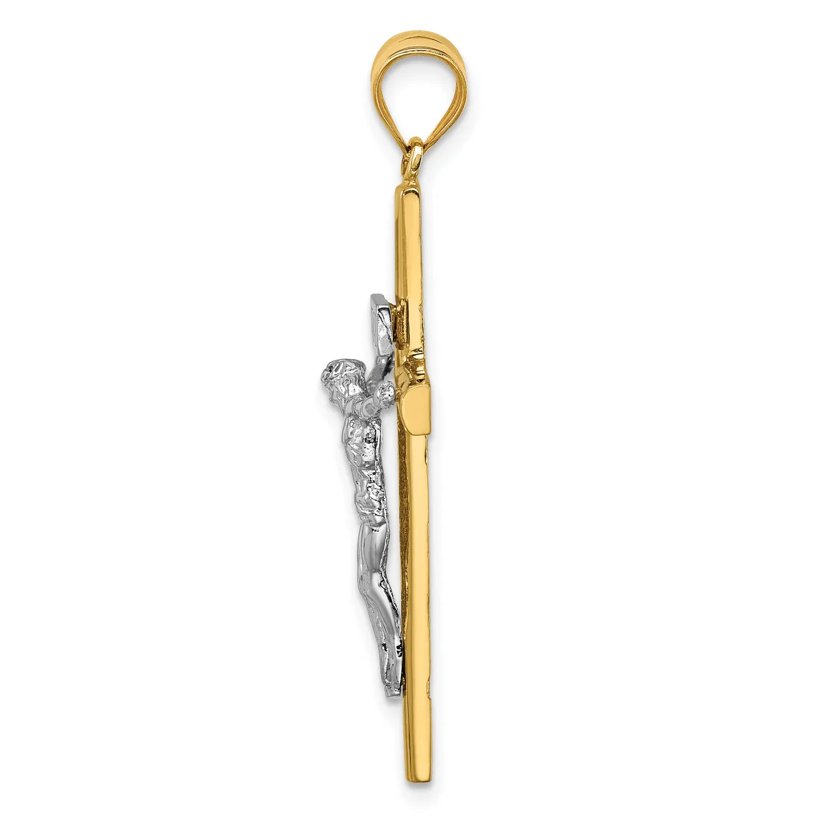 A two-tone pendant featuring a polished gold-colored cylindrical bail at the top connected to a long gold-tone rod with a silver-tone crucifix figure attached to the side.