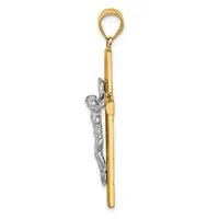 A two-tone pendant featuring a polished gold-colored cylindrical bail at the top connected to a long gold-tone rod with a silver-tone crucifix figure attached to the side.