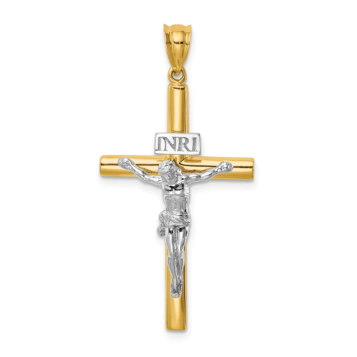 Two-tone gold and silver crucifix pendant with a hollow tubular gold cross and a detailed silver corpus, suspended from a gold bail.