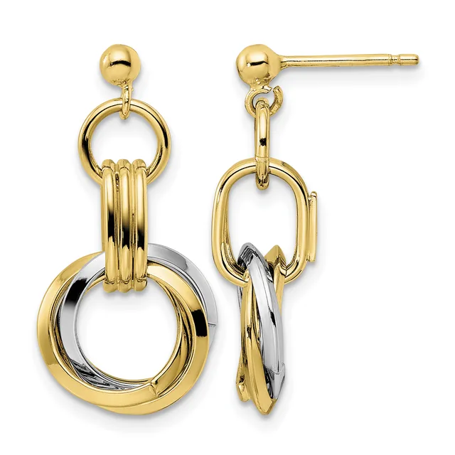 Two-tone gold and silver dangle earrings with stacked circular rings connected by a ridged link, shown from front and back views.
