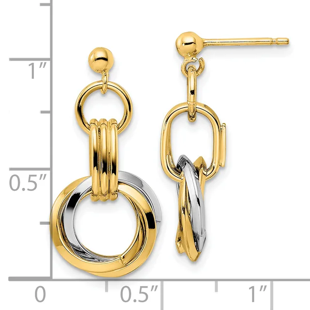 Two-tone gold and silver dangle earrings with stacked circular rings, displayed on a measurement scale showing approximately one inch in length.