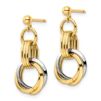 Pair of gold-toned drop earrings with textured cylindrical sections suspended from oval rings, featuring two-tone gold and silver accents on the lower loops.